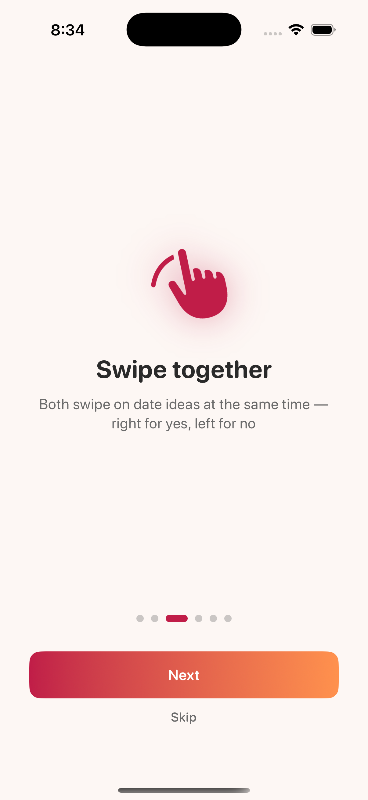 Swipe together onboarding screen